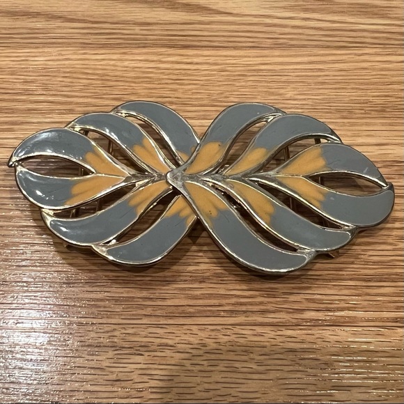 Unknown Accessories - Vintage enamel Metal Gold tone gray & mustard Statement‎ Belt Buckle